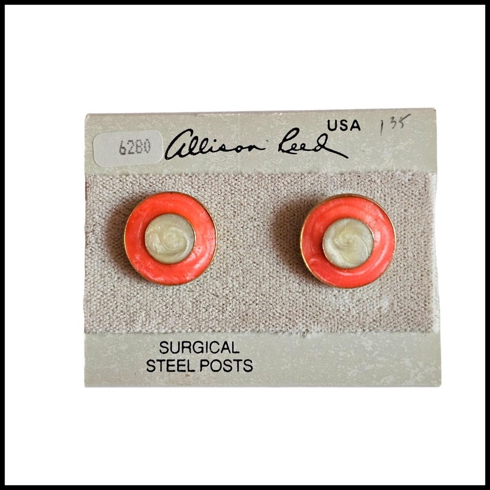 Vintage ALLISON REED Salmon Coral Stud Round White Shimmer PIERCED‎ EARRINGS New